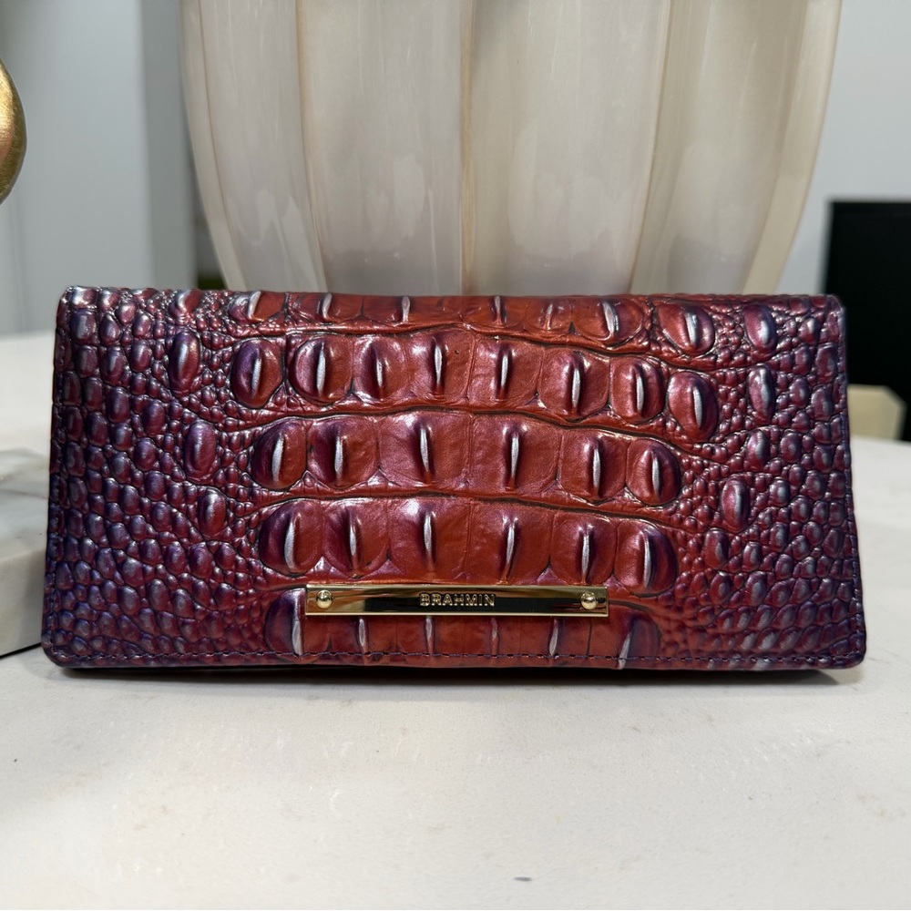 Brahmin Burgundy and Chestnut Crocodile Embossed Clutch